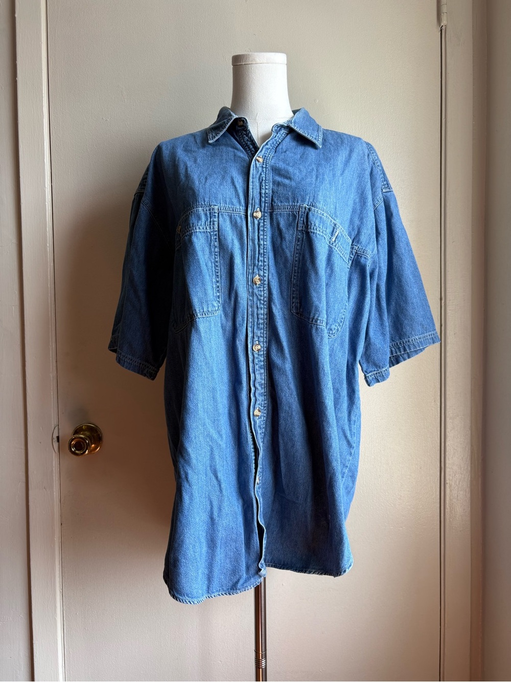 denim short sleeve button front
